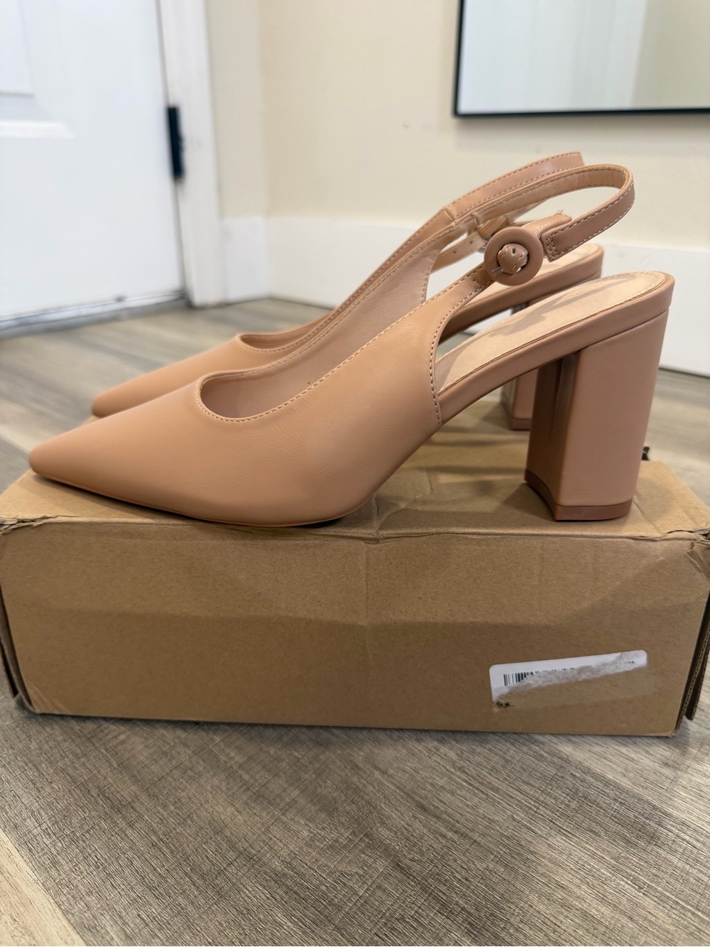 Pointed Slingback Block Heel Pumps in Blush